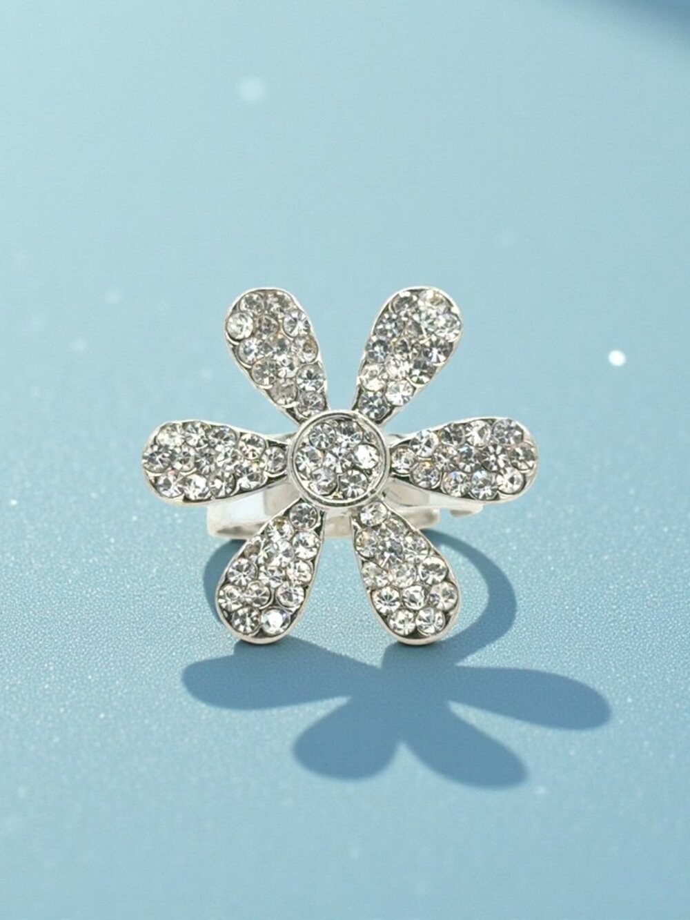 Silver-Tone Adjustable Crystal Flower Ring